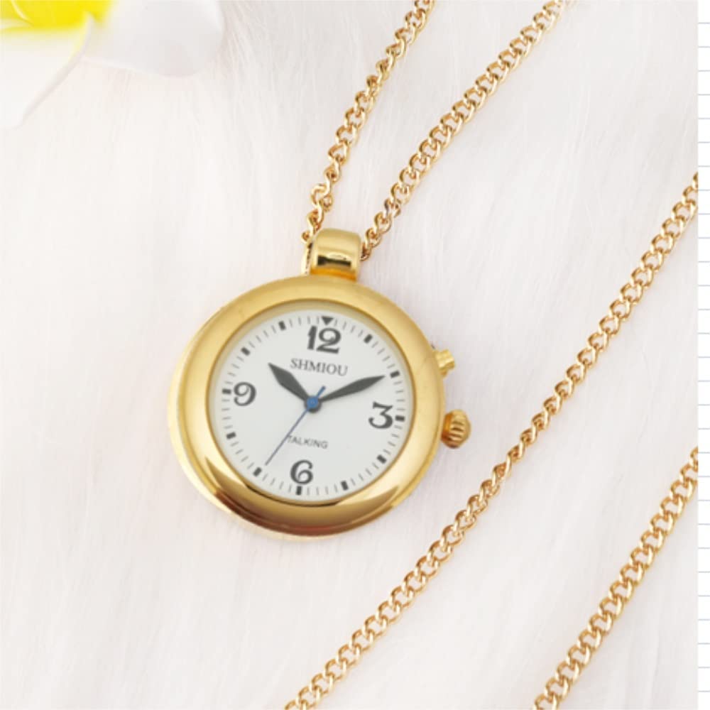 Montre Parlante Femme Française Pendentif Or Lunette Ronde Montre pour Personnes Âgées Malvoyantes Alarme Forte