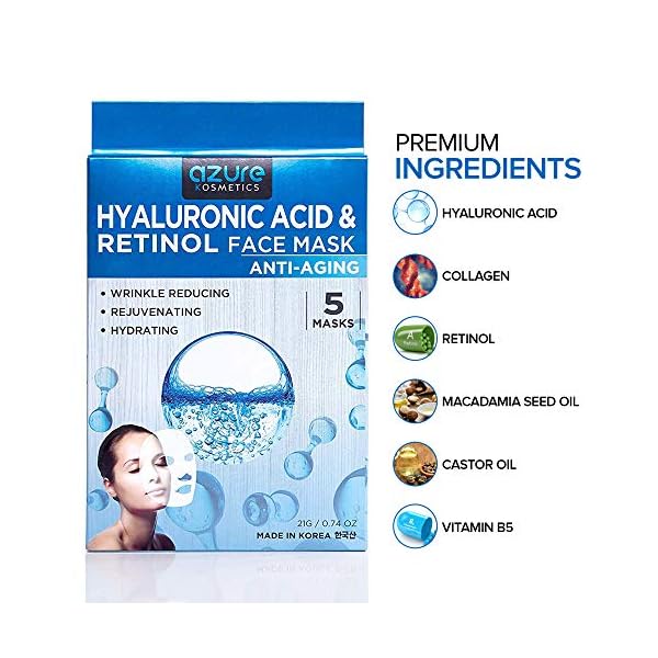 AZURE-Hyaluronic-Acid-Retinol-Anti-Aging-Sheet-Face-Mask-Hydrating-Toning-Rejuvenating-Helps-Reduce-Fine-Lines-Wrinkles-Smooths-Repairs-Elasticity-Made-in-Korea-5-Pack AZURE Hyaluronic Acid & Retinol Anti Aging Facial Mask - Dermatologist Tested - Rejuvenating & Hydrating Face Mask - Helps Reduce Fine Lines & Wrinkles, Smooths & Repairs - Korean Skin Care - 5 Pack