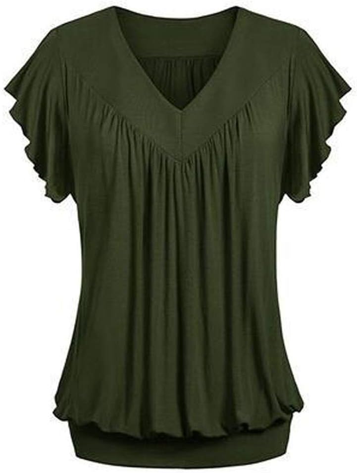 Womens V Neck Short Blouses Ruffled Sleeves  Banded   Bottom  Loose Fit T Shirts Loose Tops for Women