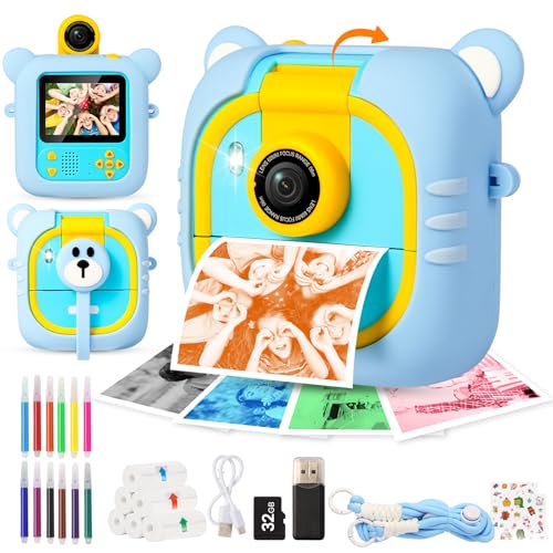 Kids Camera Instant Print, 7 Print Paper (4 Color: O/R/G/B+3 B&W), 2.4" Screen Instant Camera for Kids Ages 3-12,1080P, 180°Flip Lens,32GB Card- Christmas Birthday Present for Boys & Girls,M