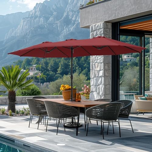 Image of THESHELTERS - 15ft Large Outdoor Umbrella Double-Sided Patio Umbrella with 65Kg Movable Stand, Crank Handle, 12 Ribs Rectangular Garden Umbrella for Patio Graden, Poolside, Terrace, Cafe and Hotels