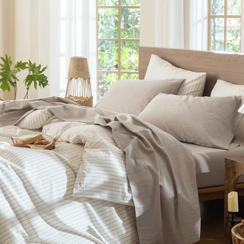 Image of MooMee Bedding Sheet Set 100% Washed Cotton Linen Like Textured Breathable Durable Soft Comfy (Heathered Cream Grey, Full)