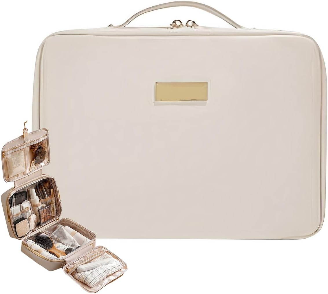 Portable Large Capacity Cosmetic Bag, Skincare Products, Makeup Brush Storage Bag, Double Layer Makeup Bag (Upgraded-White)
