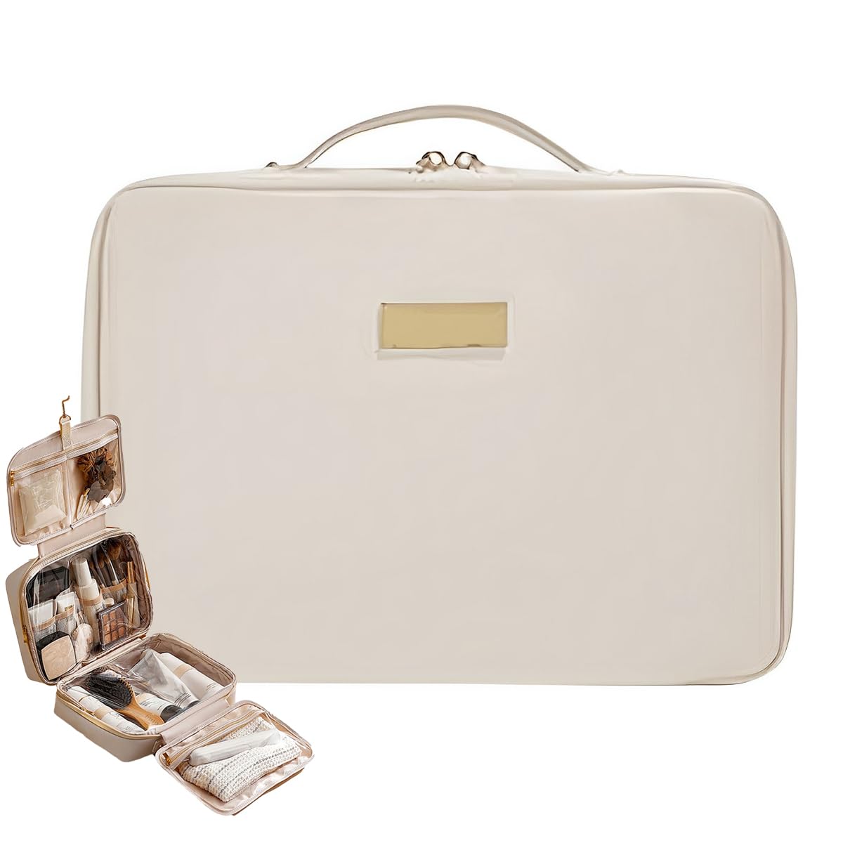 OLBUPS Portable Large Capacity Cosmetic Bag, Skincare Products, Makeup Brush Storage Bag, Double Layer Makeup Bag (Upgraded-White)