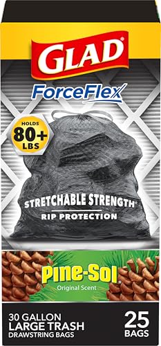 Image of Glad Large 30 Gallon Trash Bags, Pine-Sol Heavy Duty Garbage Bags, Forceflex with Drawstring, 25 Count (Packaging May Vary)