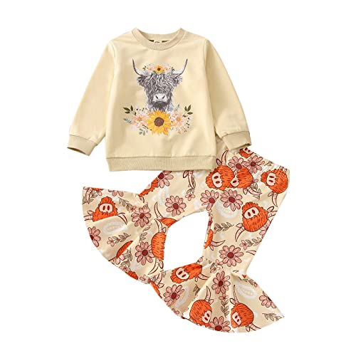 Image of Shvaility Baby Bell Bottoms Toddler Baby Girl Clothes Long Sleeve Cow Print Shirt Top Flared Pants Outfits Set (Apricot, 12-18 Months)