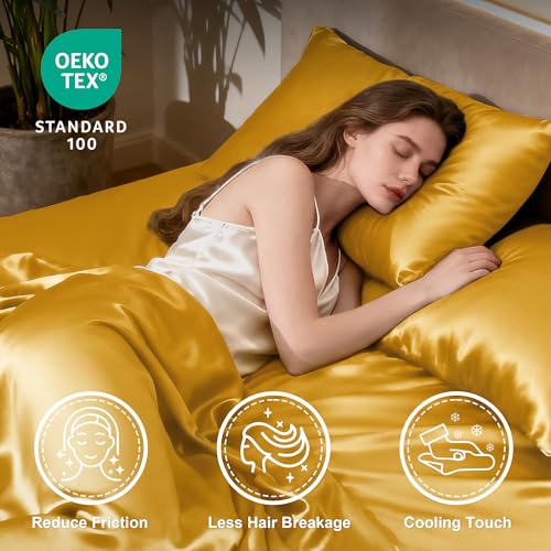 Image of Love's cabin Full Size Satin Sheet Sets - 4 Piece Gold Silky Sheet Set with Deep Pocket, Luxury Silk Feel Satin Sheets Full Bedding Set (1 Flat Sheet,1 Fitted Sheet,2 Pillow Cases)