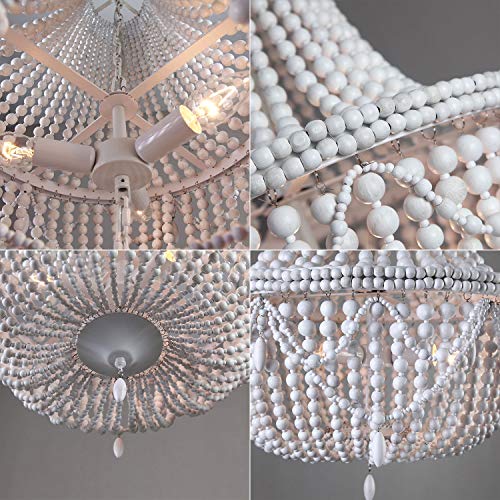 KunMai Farmhouse Distressed Wood Beaded Basket Chandelier White Pendant Three Lights Vintage Bedroom Bead Chandeliers - Image 5
