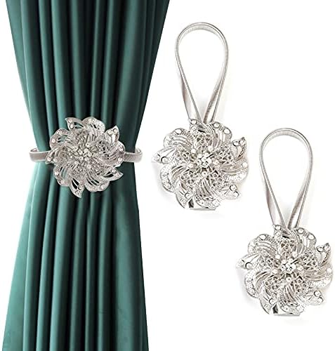 Gwotfy Magnetic Curtain Tiebacks Curtain Clips Rope Holdbacks Curtain Holder Buckles No Drilling Drapery Holdbacks Flower Curtain Buckle Curtain Tie Backs Hooks for Home Office Decorative, Silver