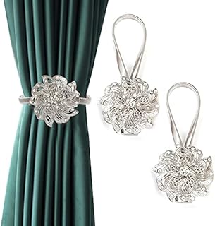 Gwotfy Magnetic Curtain Tiebacks Curtain Clips Rope Holdbacks Curtain Holder Buckles No Drilling Drapery Holdbacks Flower Curtain Buckle Curtain Tie Backs Hooks for Home Office Decorative, Silver