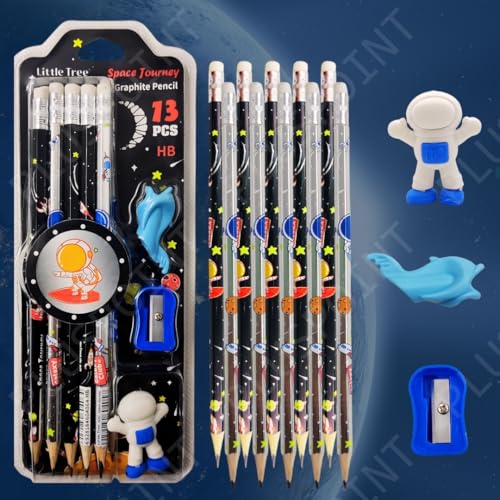Image of PLUSPOINT 26 Pcs Space Theme 20 Pencils for Kids with 2 erasers 2 sharpeners 2 Grips Astronaut Space Design Perfect for Birthday Classroom and School Supply