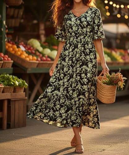 Image of Women's Summer Short Sleeve Maxi Floral Flowy Dresses with Pockets
