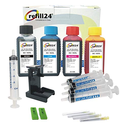 refill24 Kit de Recarga Compatible para Cartuchos de Tinta HP 302, 302 XL Negro y Color, Incluye Clip y Accesorios + 400 ML Tint