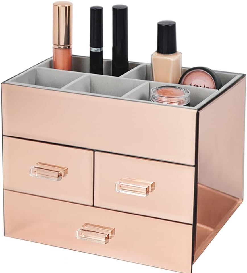OnDisplay Miro 3 Drawer Mirrored Glass Makeup Organizer – Tiered Cosmetic Storage Box with Velvet Lined Compartments, Crystal Handles & 3 Pull Out Drawers for Vanity, Jewelry & Brushes (Silver)