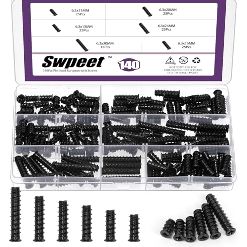 Swpeet 140 Piezas Kit de 6 Tamaños de Tornillos Europeos Negros con Cabeza Avellanada Plana, Tornillos Europeos de Muebles Phillips con Cabeza Avellanada, para Rieles Corredizos de Cajones