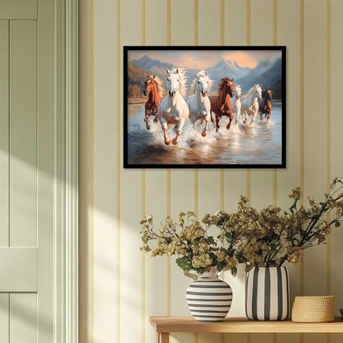 Image of HOTHOUSE Seven Running Vastu Lucky Horse and Rising Sun Painting | 7 Horses Vastu Frame Wall Art Painting for Living Room Bedroom Office Home Decor Wall Decor Size (13X17 inch)