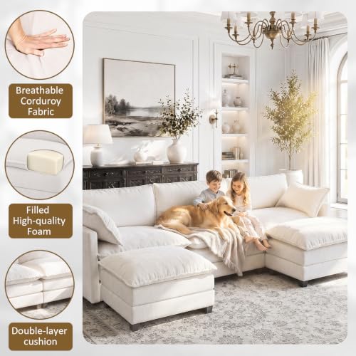 Image of 112 inch U-Shape Modular Sofa with 2 Ottomans, Deep Seat Cloud Convertible Sleeper, 2 Arm Pillows, Comfortable Upholstered Furniture for Living Room Apartment, Beige