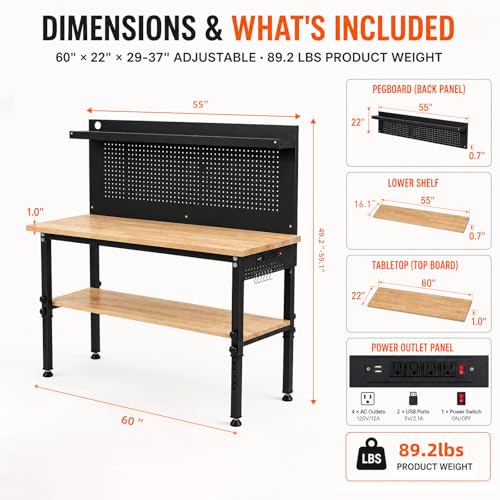 Image of 60'' Adjustable Workbench with Storage Shelf & Pegboard - Max Load 2000 LBS, Heavy Duty Rubber Wood Tabletop Tool Bench with AC /USB Outlet, Garage Organization, Work Benches for Workshop, Office