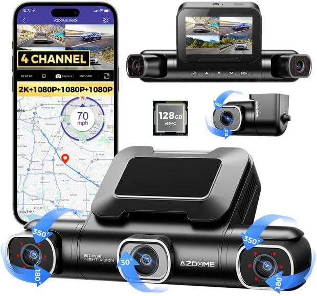 AZDOME 4 Channel Dash Cam, 2K Front + 3×1080P Rear Cameras, 360 ...