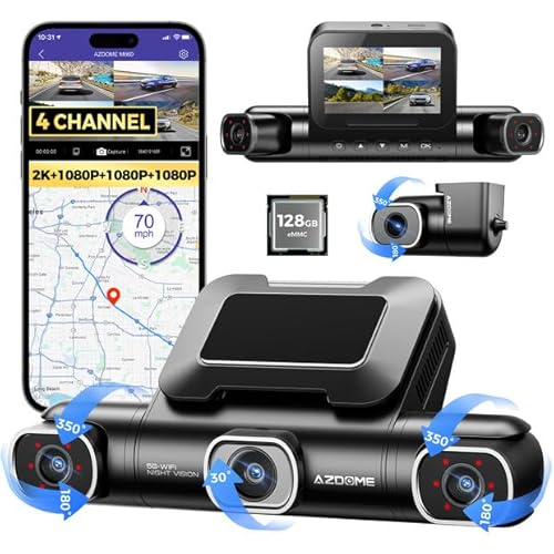 AZDOME 4 Channel Dash Cam, 2K Front + 3×1080P Rear Cameras, 360° Coverage System with Built-in 128GB eMMC, 5GHz WiFi, GPS, Voice Control, Night Vision, G-Sensor, 24H Parking Mode, Fatigue Alert(M660)