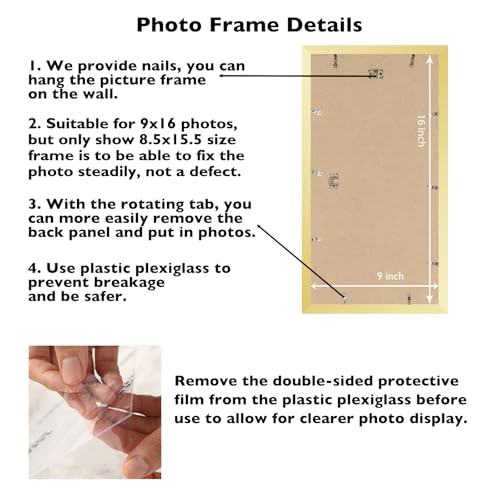 Image of JCJMY 9x16 Picture Frame Gold for Wall Hanging, Wall Mounting Horizontally or Vertically, 9 x 16 Wall Gallery Poster Photo Frame with Shatter Resistant Plexiglass, Gold
