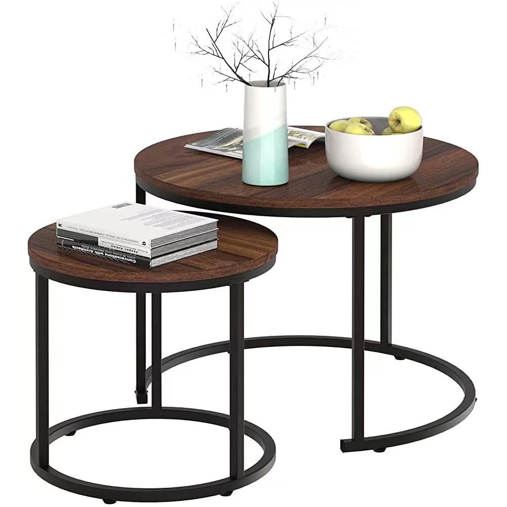 BAKAJI Lot de 2 Tables de Salon à encastrer, Forme Ronde avec Structure en métal Noir et Plateau en Bois Noyer, Tables à café économise Espace Design Industriel, décoration de Salon, Maison