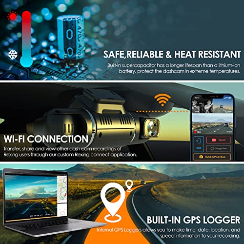 Rexing V2 Pro Ai Dash Cam, 3 Channel Front Cabin Rear 1080P Recording,2.7” Lcd,Wifi,Mobile App,Gps,Night Vision,Artificial Intelligence Dash Camera Adas, Collision, Pedestrian,Lane Departure Warning #TOP5