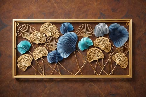 Image of F-RIQA METAL Luxury Metal Leaf Wall Art (20 x 40 Inch) - Gold & Blue Floral Wall Hanging Decor for Living Room, Bedroom & Office