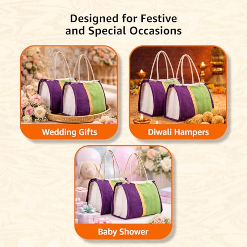 Image of Amazon Brand - Solimo Thamboolam Gift Bag | Pack of 10 | Reusable & Durable | Assorted Colours Green /Purple /Cream