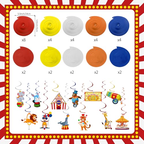 Image of 58 Pcs Carnival Circus Theme Party Decorations Circus Animal Hanging Swirl Decorations Carnival Hanging Swirl Ceiling Streamers Decor for Kids Girls Boys Birthday Baby Shower Party Supplies
