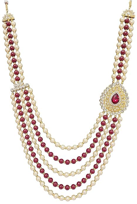 Moti Mala For Men Necklace groom Pearl Sherwani Traditional Gold Plated Five Layered Design for Marriage Indian Wedding (Dulhe ki mala)