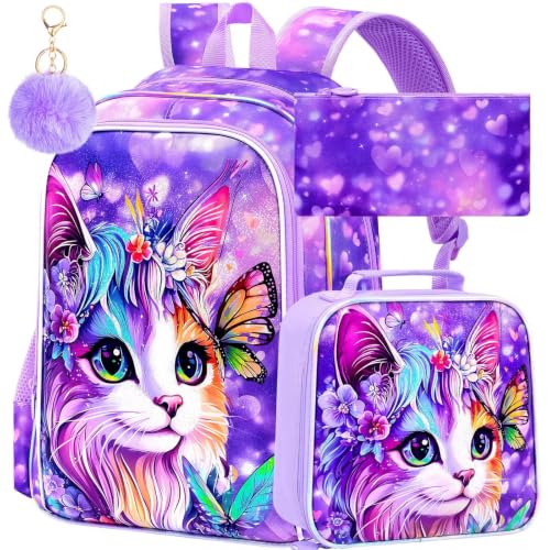 Image of 3Pcs Cat Backpack for Girls, 16 inch School Bookbag Set with Lunch Box，Kids Backpacks for Elementary Preschool Kindergarten (Purple)
