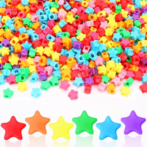 UPINS 1200 Pcs Star Pony Beads Star Shape Spacer Beads Rainbow Beads Bulk Large Hole for Birthday 4th of July Pride Party Decorate Friendship Bracelets Hair Beads Crafts