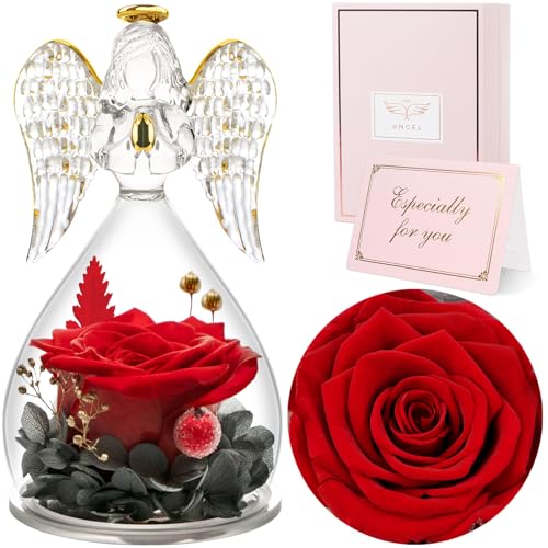 Sunia Valentines Day Rose Gifts for Women, Birthday Gifts for Mom Grandma, Forever Preserved Flower in Glass Angel Figurines Flowers for Delivery Prime, Mothers Day Real Roses for Her Wife