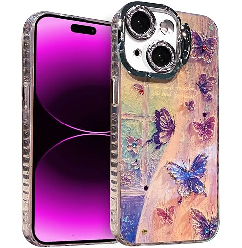 Coque iPhone 15 Plus antichoc à motif floral pailleté avec béquille et protections d'écran