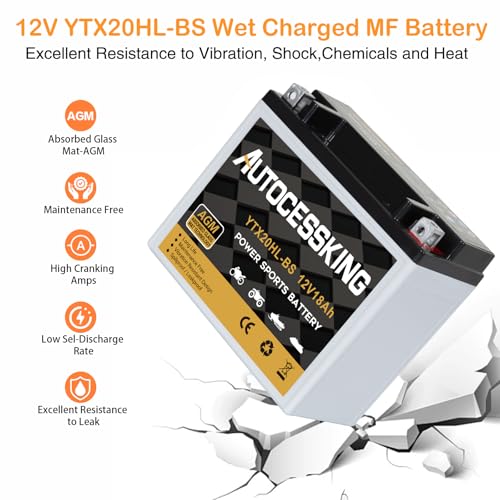 Image of Autocessking YTX20HL-BS Motorcycle Battery, 12V 18AH Rechargeable Maintenance Free Sealed AGM Battery Powersport Replacement Battery for ATV and Scooter