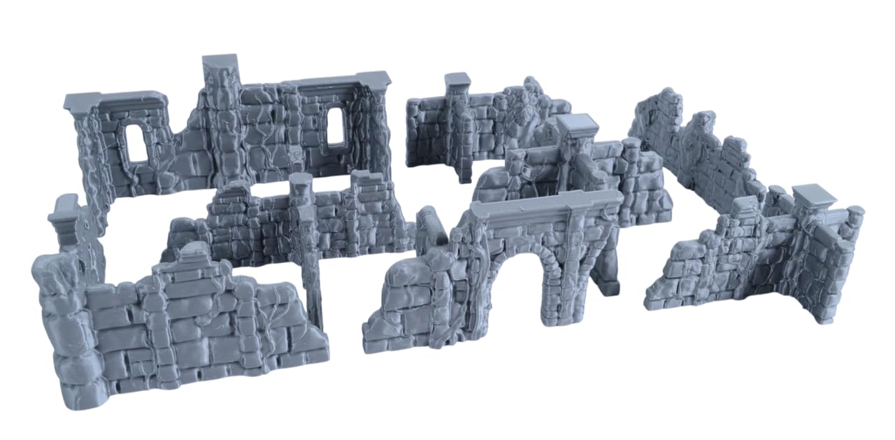 Überwucherte Ruinen-Wände für Tabletop - 28mm Fantasy Gelände freistehend, 3D-Druck aus PLA, Zubehör für Miniaturen, D&D, Conquest & Warhammer 40k, Grau