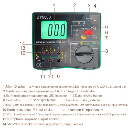 Image of 4-in-1 Digital Multimeter with Ground Earth Resistance Tester, Insulation Resistance Tester, Phase Sequence Detector & Voltmeter - 0.01Ω Resolution 600V AC /DC Voltage Measurement Auto-Ranging