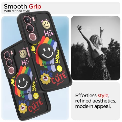 Image of Pikkme Back Cover for Vivo Y31 5G | Soft Silicone| Cute Rainbow Smile & 3D Cartoon Flower Design | Shockproof Raised Camera Protection Bumper Case (Black)