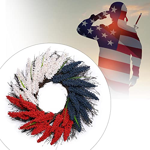 Memorial Day Wreath Patriotic Americana Wreath Independence Day 4Th Of July Wreath Red Blue White Artificial Rice Ear Wreath Veterans Day Decoration Front Door Wall Home Decor #TOP4