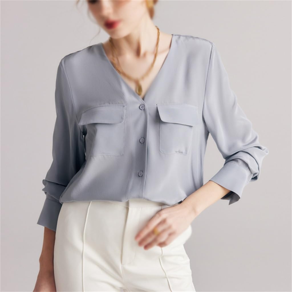 Crepe V-Neck Commuter Silk Shirt Women's Spring/Summer(Medium)