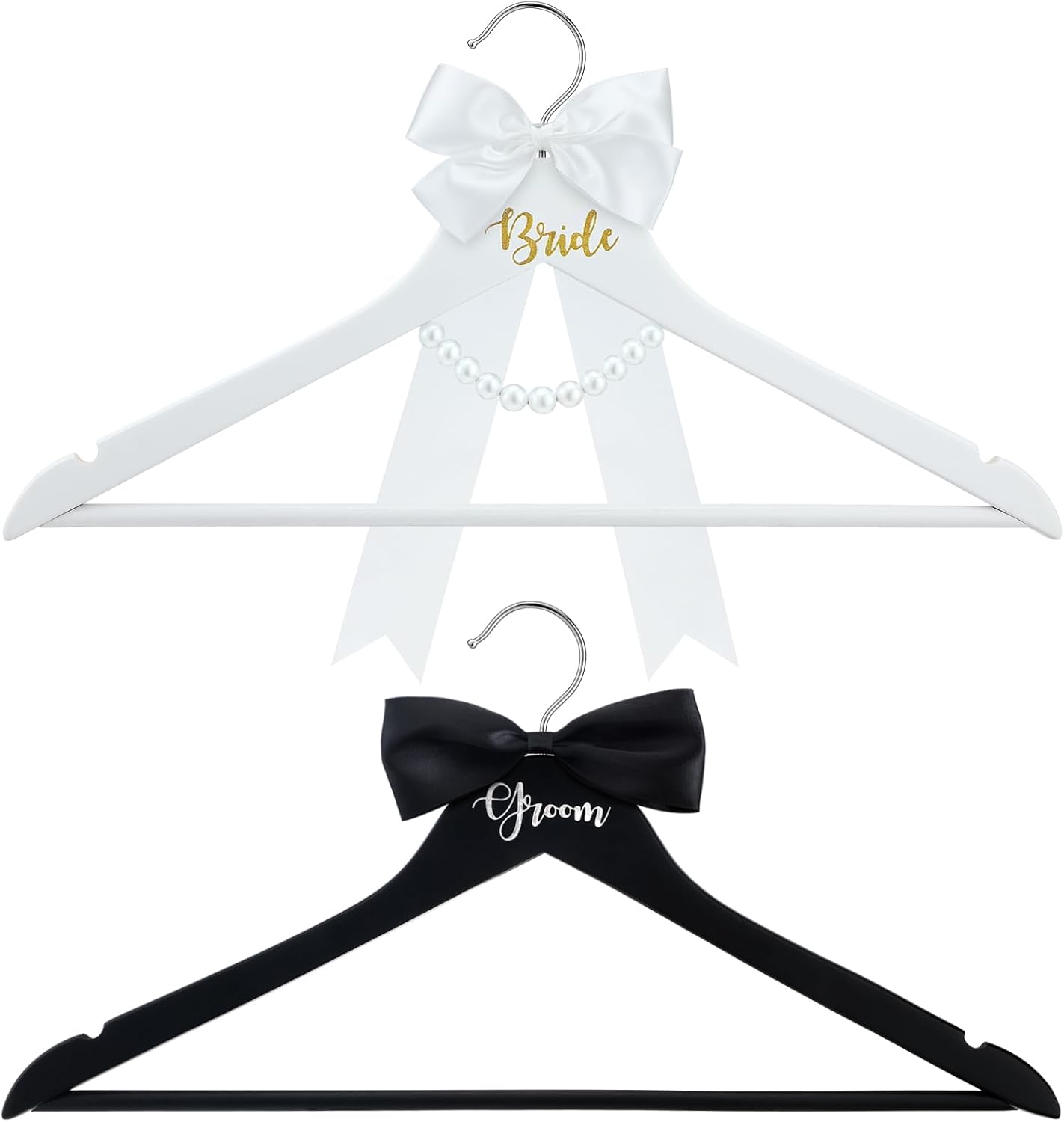 FillTouch 2 Pack Bride and Groom Wedding Hanger Set with Ribbon Bow Wooden Dress Suit Hanger Gift for Wedding Bridal Party Photo Decor(Black and White,Classic)