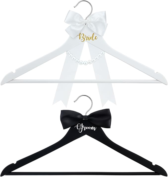 2 Pack Bride Hanger Groom Hanger Wedding Hangers with Ribbon Bow for Wedding Dress Suit Bride Gift(Black and White,Classic)