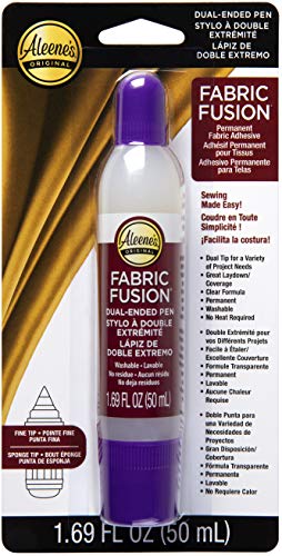Aleene's Fabric Fusion Glue 1.6 oz Dual-Ended Pen, Fine Tip & Sponge Tip, Nontoxic, Permanent and Washable Adhesive, Dries Flexible, Strong Bond on Fabrics, Clothing, Denim, Materials