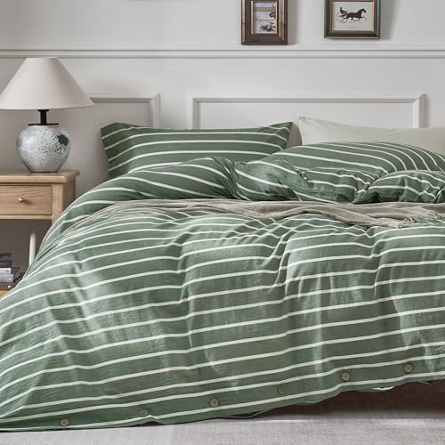Image of JELLYMONI Cotton Duvet Cover Twin XL Size - Green Striped Comforter Cover with Button 100% Washed Cotton 2PCS Breathable Soft Solid Bedding Set Duvet Cover 66x92in & 1 Pillowcase (NO Comforter)