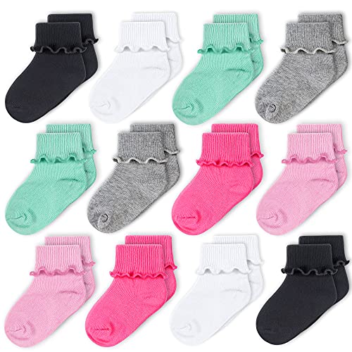 Image of CozyWay Baby Girls Socks 6/12 Pack Ruffle Ripple Edge Turn Cuff Ankle Socks Toddlers Infants 0-12 months 1t-5t