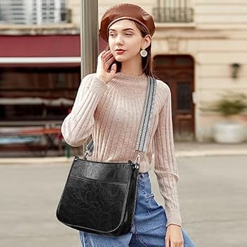 Sac Bandoulière Femme En Cuir PU - Style Bohème Punk, Sangle Réglable, Noir/Blanc, 22,5x12,5x10,5 Cm