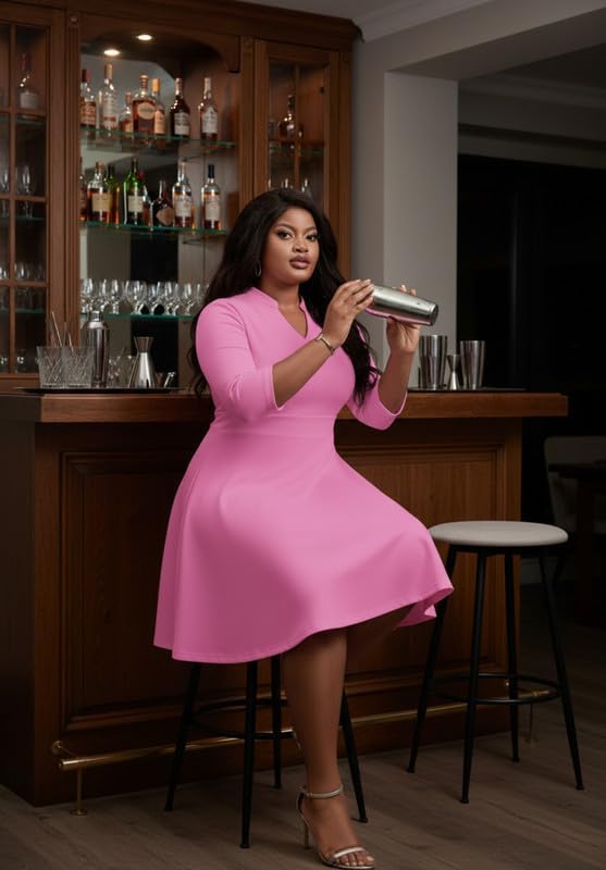 Church Dress for Women V Neck 3/4 Sleeve Midi Causal Cocktail Party A-Line Dresses with Pockets - Image 3