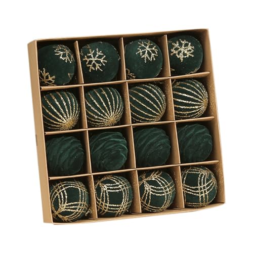 16Pcs Velvet Christmas Baubles 60mm / 2.36 Inches Elegant Dark Green & Gold Shatterproof Plastic Christmas Tree Decorations Flocked Hanging Ball Ornaments for Holiday Party Home Decor