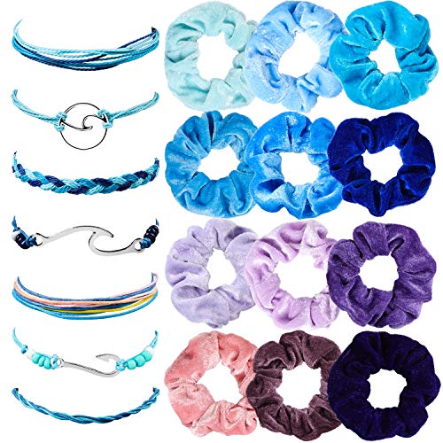 19 Pcs Wave Bracelet Set VSCO String Wave Rope Bracelets Adjustable Handcrafted Waterproof Friendship Bracelets with Blue Purple Velvet Hair Scrunchies Elastic Band Ponytail Holders for Women Lady